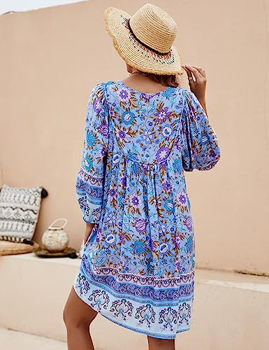 Image of Bluetime Women Casual Summer Dress Boho V Neck 3 /4 Sleeve Babydoll Floral Print Flowy Beach Dress