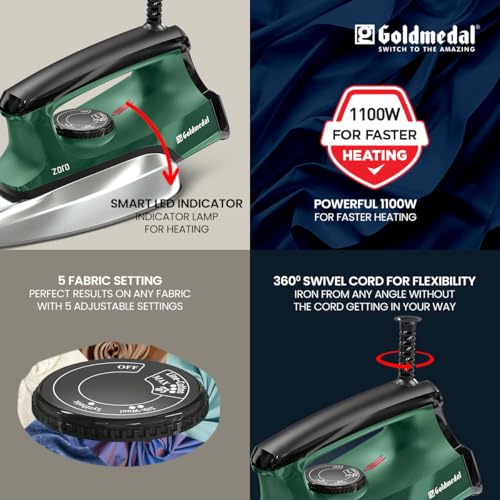 Image of Goldmedal Zoro 1100W Dry Iron| Non-stick Premium Triple Coated Soleplate| 5 Fabric Setting|1.8 Meter Cord|360 Swivel Cord| Indicator Lamp for Heating| 2.5 Years Warranty| Light Weight (Green)