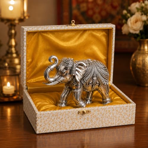 Image of KYAT Pure 999 Fine Silver Kamdhenu Cow with Calf Idol Elephant Pair (Elephant Pair 1-3'')
