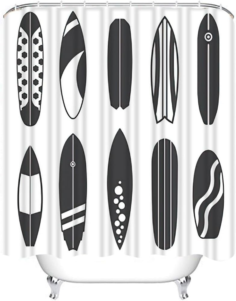 Surf Surfboard Shower Curtain Set Flat Surfboard Icons Various Styles Black White Design Bathroom Curtains Polyester Fabric Waterproof Bath Curtains Decor 72" W x 78" L with Hooks