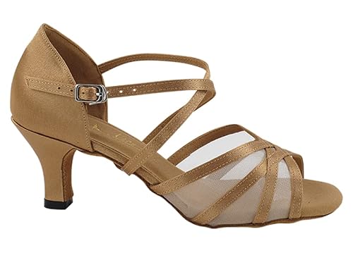 Women's Latin, Rhythm, Salsa, Ballroom Dance Shoes - Very Fine Dance Shoes - Sera1605 & Heel Protectors (Brown Satin & Flesh Mesh 2.5" Heel, Us_Footwear_Size_System, Adult, Women, Numeric, Medium, Numeric_9_Point_5) #TOP1