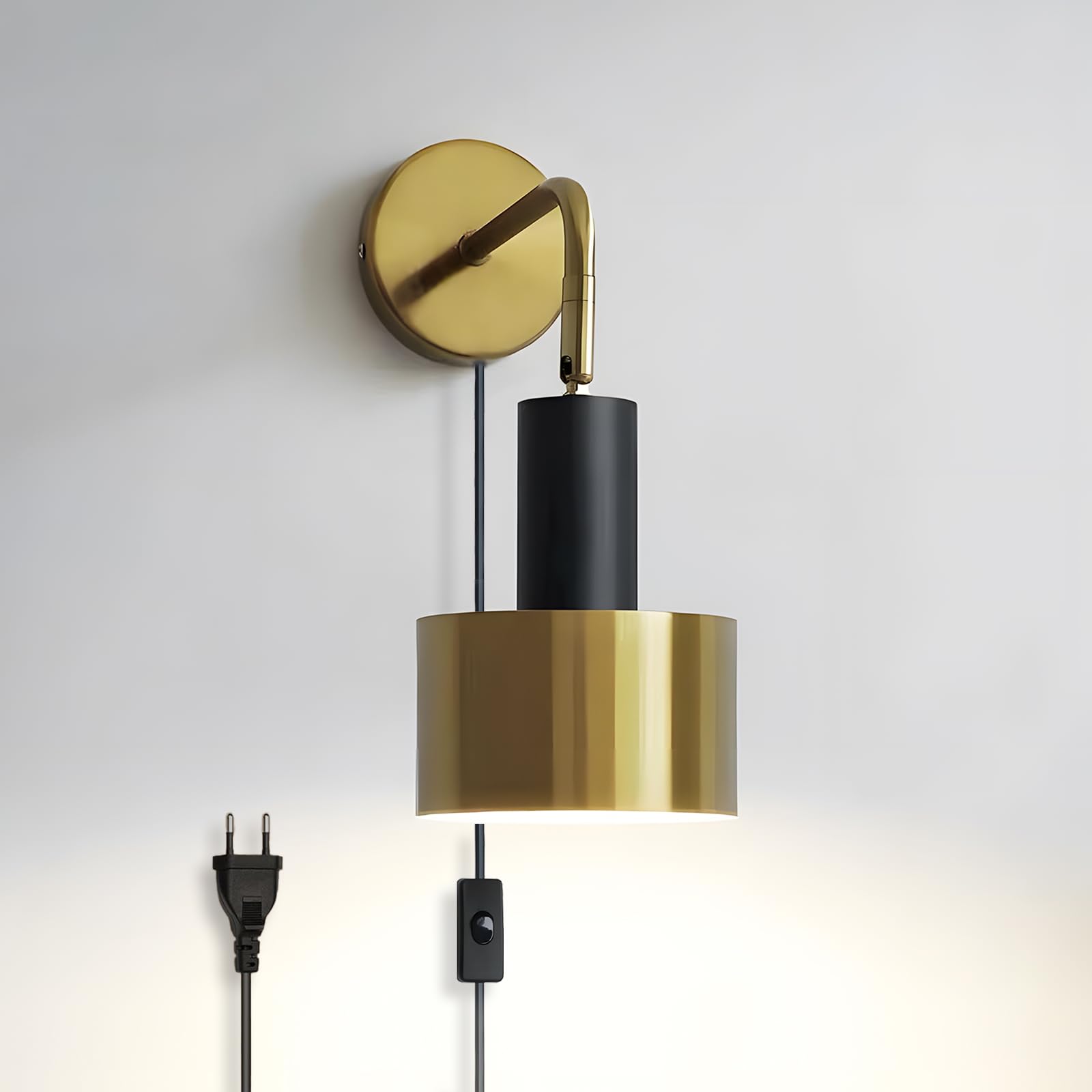 ZTWLEED Aplique Pared Interior Vintage con Enchufe（165 cm） Lampara de Pared E27 180° Ajustable - Oro+Negro Aplique Pared para Dormitorio Sala de Estar Pasillo（Sin Bombilla）