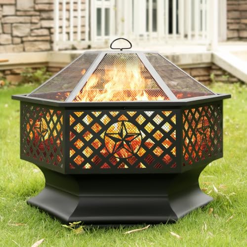 Panovue 33 Inch Outdoor Fire Pit, Hexagon Shaped Wood Burning
