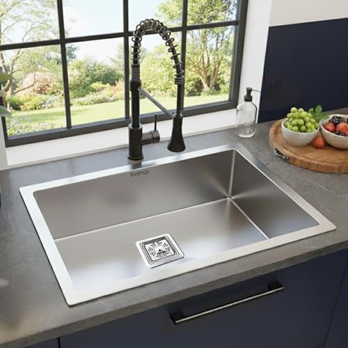 Image of BASINQU Kitchen Sink 30x18x10 Inch Handmade Single Bowl Sink for Kitchen Basin 304 Grade Stainless Steel Brushed Matte Finish Including Coupling Fruit Tray Hose Pipe Kitchen Sinks