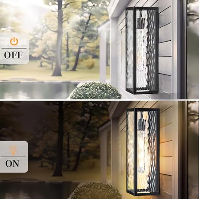 15.8'' Modern Black Outdoor Wall Lights Wall Sconce with Water Ripple Glass