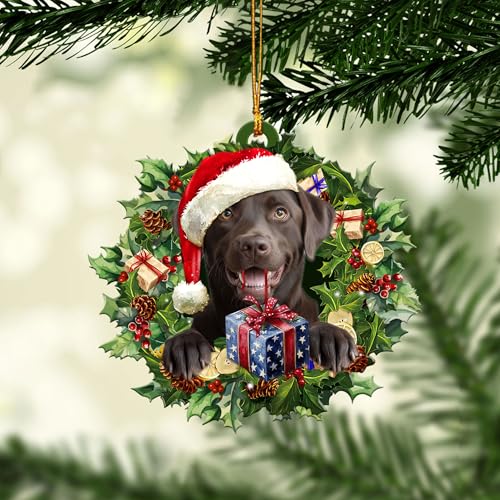 Talataca Chocolate Labrador Retriever Wearing A Christmas Hat Wreath Dog 2D Flat Car Rear View Mirror Accessories Christmas Tree Ornament Decoration Hanging Charm Interior Rearview Pendant Decor Gift