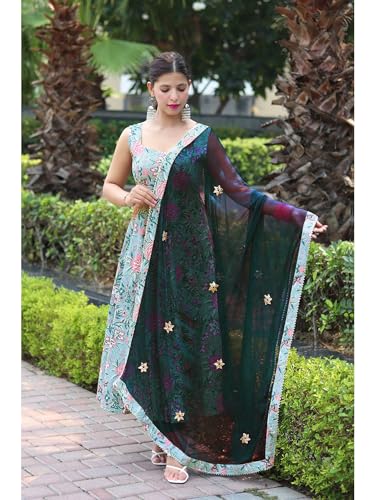 Image of GoSriKi Women's Cotton Blend Anarkali Printed Kurta with Pant & Dupatta