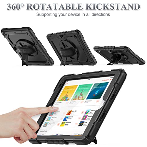 Seymac Stock Ipad 9Th/ 8Th/ 7Th Generation Case 10.2’’, Shockproof Case With Screen Protector Pencil Holder [360° Rotating Hand Strap] &Stand, Case For Ipad 10.2 Inch 2021/2020/2019 (Black) #TOP2