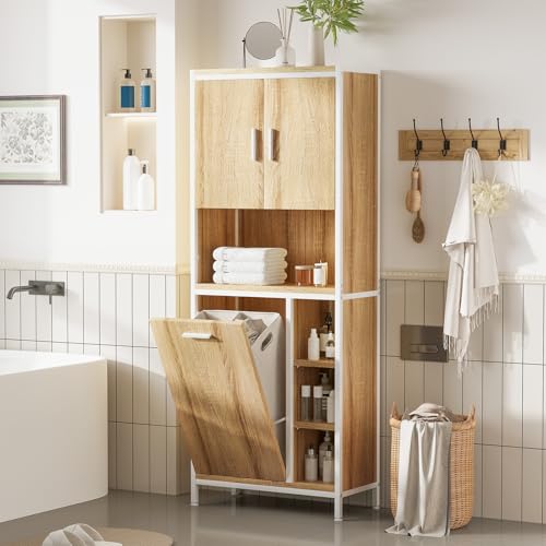 ELUCHANG Meuble Salle de Bain avec Panier à Linge, Colonne Salle de Bain, 2 en 1,Paniers Lavables...