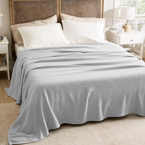 Image of Bedsure 100% Cotton Blanket, Herringbone Weave, Queen Size, Cool Grey