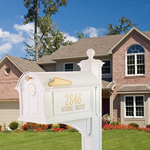 Whitehall Balmoral Extra Large Mailbox, Custom Monogram Mail Box, Side Mount Mailbox With Post, Personalized Metal Mailbox, Outside Mailboxes - White/Gold #TOP1