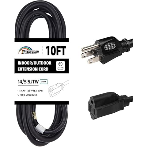 HONDERSON Indoor Outdoor Extension Cord Weatherproof, UL Listed, 14 Gauge 10FT Black 3 Prong Heavy Duty Extension Cord, 14/3 SJTW 15A Power Extension Cord for Outdoor Lights, Appliances, Lawn Cover
