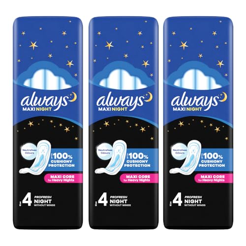 Always Maxi Night Profresh | Ultra Absorbent with Odor Protection for Night Use 3 Pack Bundle (Total 30 Pads)