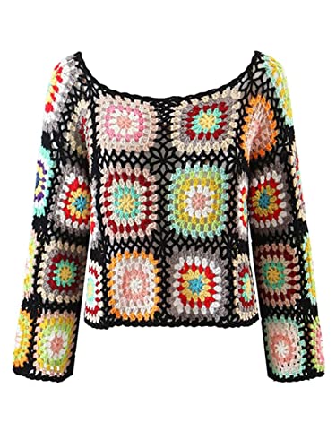 Bciopll Woman Ethnic Colored Plaid Flower Plaid Hand Crochet Pullovers O Neck Full Sleeve Crop Sweater Knitwear Loose