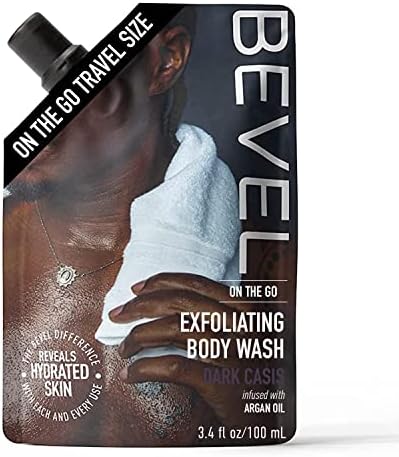 Bevel Exfoliating Body Wash for Men, Dark Cassis Scent with Charcoal and Moisturizing Argan Oil, On-The-Go Pouch, Travel Essentials, TSA Friendly, 3.4oz