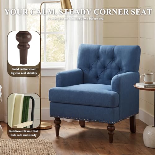 Image of MALOL Upholstered Accent Chair with Thick Cushion, High Back Reading Chair, Linen Blend Armchair with Solid Rubberwood Legs for Living Room, Bedroom, Reading, Apartment & Small Spaces,Blue,Set of 2