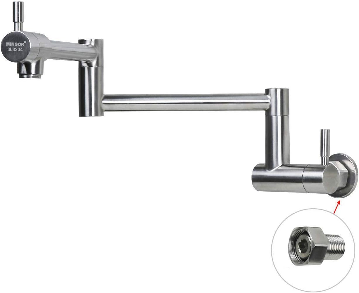 Pot Filler Faucet Stainless Steel Commercial Wall Mount Kitchen Sink Faucet Folding Stretchable with Single Hole Two Handles, with 1/2 -14 NPT Tube Quick Connector/Brushed Finish