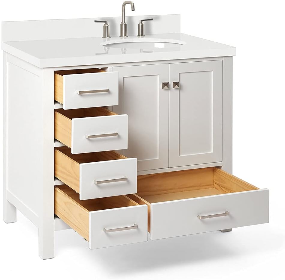 ARIEL Cambridge 36-inch Bathroom Vanity with Sink,Solid Wood, 1.5-inch Pure White Quartz Countertop & Backsplash, Single Oval Porcelain Sink, 2 Soft Closing Doors, 5 Dovetail Drawers, White