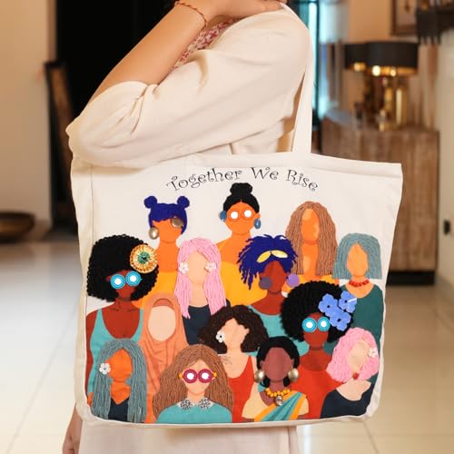 Image of picknMAKE DIY Embroidery Tote Bag for Women - Aesthetic & Stylish Office Bag with Digitally Printed Design | 18 inch x 15 inch with Zipped Pocket | Complete Kit with Wool, Needles, Sequins and Embellishments