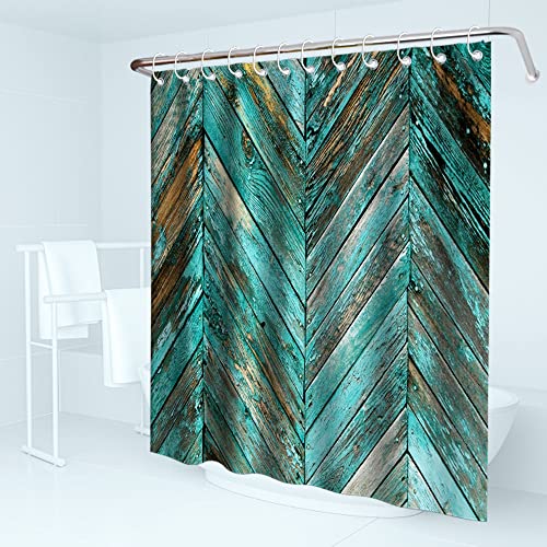 Farm House Shower Curtain Rustic Wooden Vintage Chevron Zig Zag Striped Pattern On Board Plank Theme Fabric Bathroom Fantastic Barn Door Decor Sets With Hooks Waterproof Washable 72 X 72 Inches Teal #TOP2