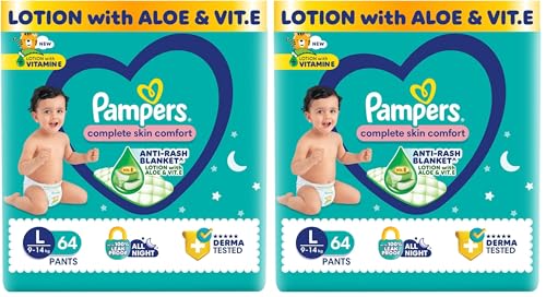 Image of Pampers Baby Complete Skin Comfort Pants, Anti-rash blanket, Lotion with Vitamin E & Aloe Vera, Large (L), 64 Count, 9-14kg (Pack of 2)
