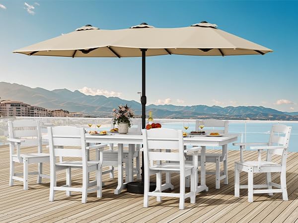 YITAHOME 8 Piece Patio Dining Set w/13 ft Double-Sided Patio Umbrella, HDPE Outdoor Dining Set w/71 Rectangular Patio Dining Table & 6 Dining Chairs, All Weather for Deck Lawn Porch,White