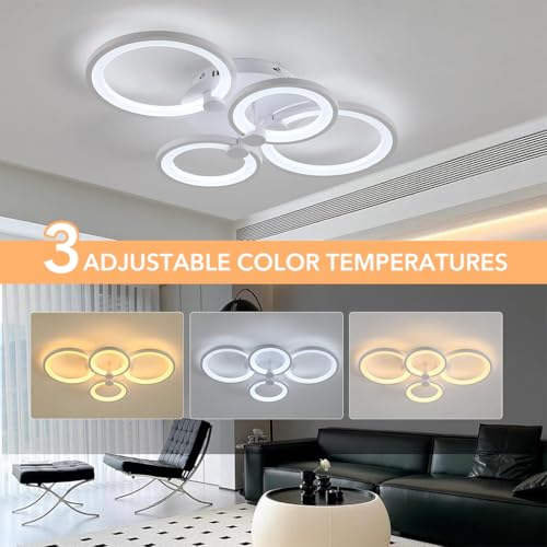 Image of ELEPHANTBOAT 36W Dimmable Chandelier Lights for Ceiling, 3-Color Round LED Ceiling Lights for Living Room with Remote Control, Flush Mount Fancy Lighting Fixture with 4 White Rings (2800-6000k)