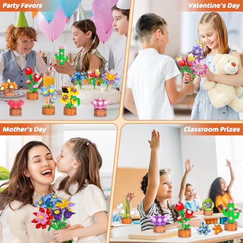 24 Pack Flowers Party Favors for Kids Building Set - 827PCS Succulents 3.6MM Mini Building Blocks Toy for Easter Basket Stuffers, Classroom Prizes, Mother's Day Birthday Gift for Girl Boy Ages 6+4