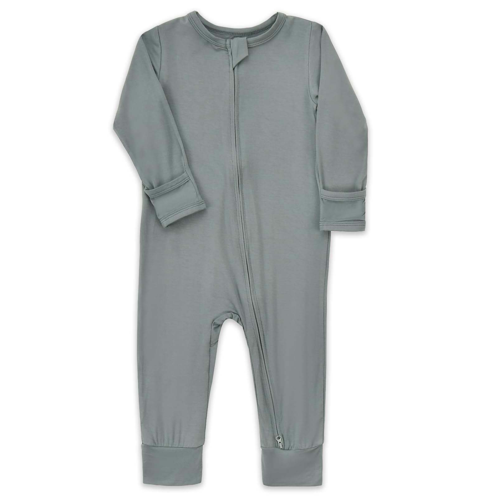 Aablexema Baby Footless Pajamas Zipper with Mitten, Rayon from Bamboo, Infant Long Sleeve Romper Pjs(Olive & Moonlight Blue,12-18m)
