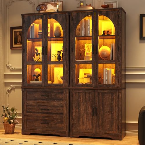 Image of 75 inch Tall Farmhouse Kitchen Pantry Cabinet with LED Lights,4 Doors Wood Storage Cabinet w Arched Glass Doors /Drawers,Pantry Organizers and Storage,Rustic Wood Cupboard for Kitchen,Dining Room(Brown)