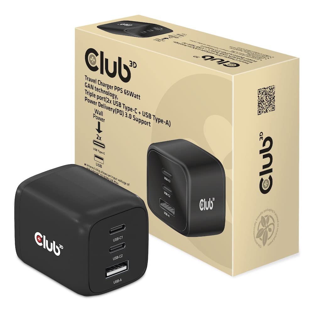 Club3D CAC-1913EU PPS - Caricabatterie da viaggio con tecnologia GAN da 65 Watt, tripla porta (2 USB Type-C + USB Type-A) Power Delivery (PD) 3.0