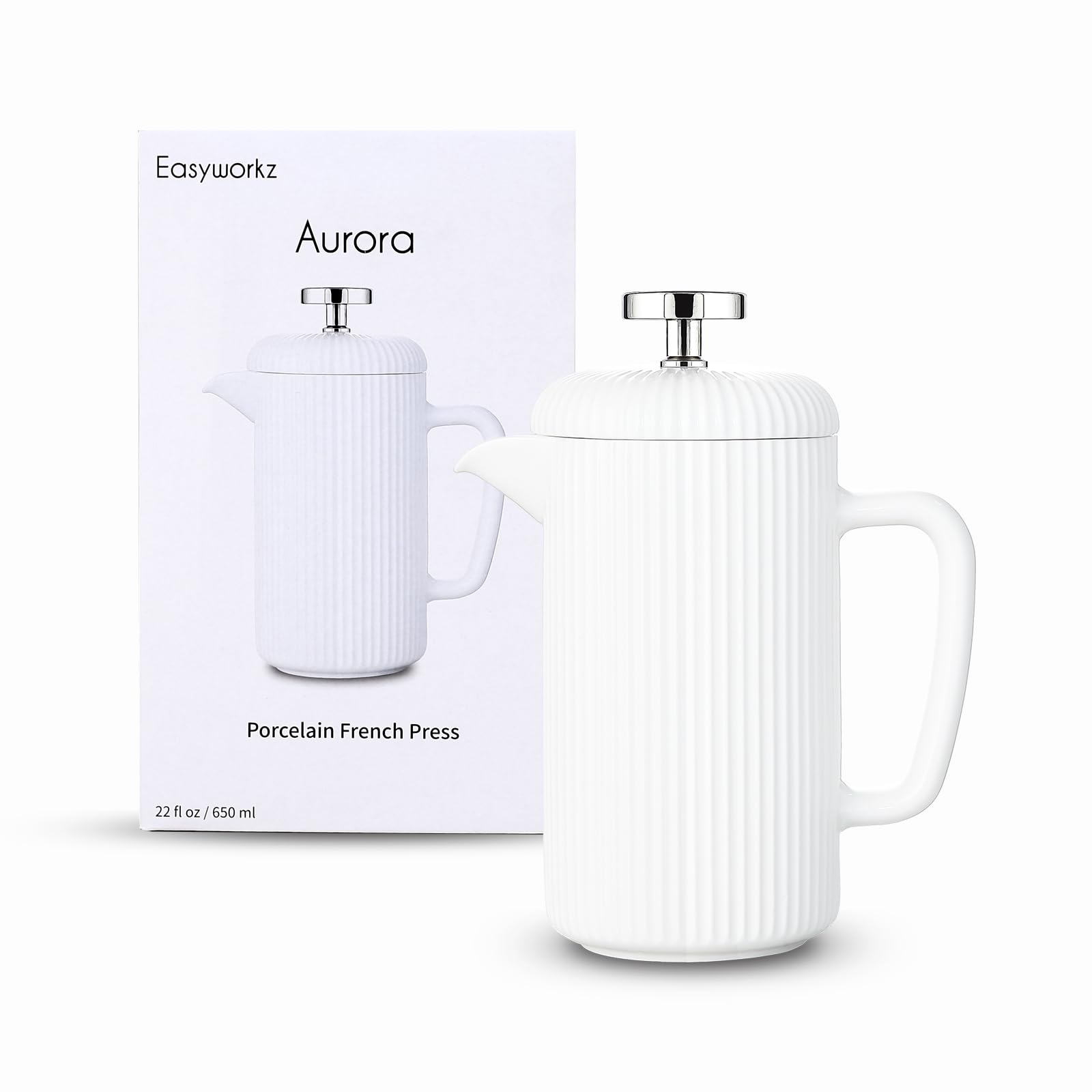 Easyworkz French Press in porcellana da 650 ml, caffettiera con stantuffo in acciaio inossidabile, avorio