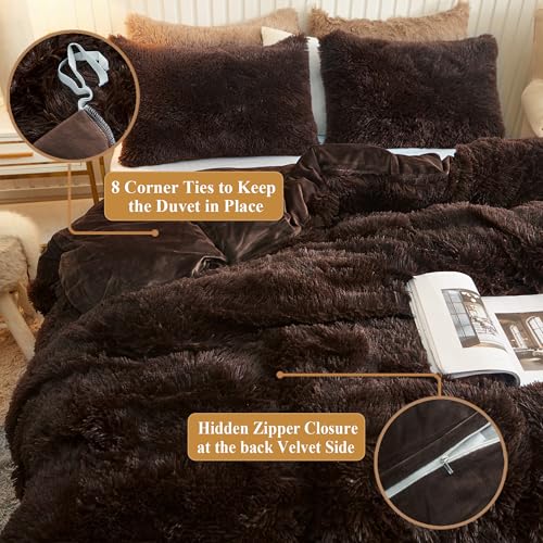 Image of XeGe Plush Shaggy Brown Duvet Cover, Luxury Ultra Soft Velvet Fuzzy Bedding 1PC(1 Faux Fur Duvet Cover), Fluffy Furry Comforter Cover for Bedroom Home Decoration, Zipper Closure(Queen, Coffee)