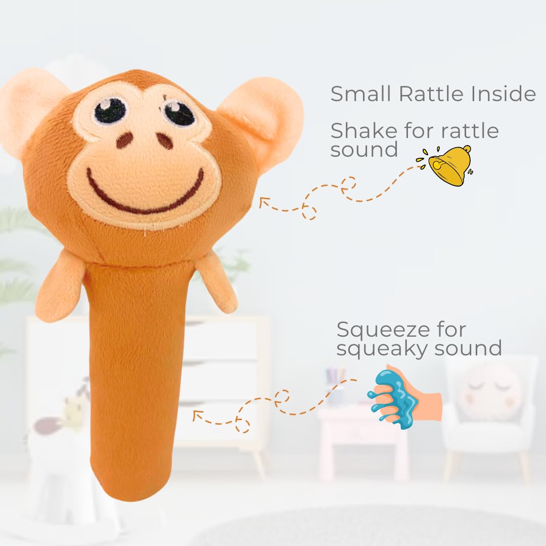 Storio Premium Plush Soft Monkey Face Rattle Soft Toy with Squeeze Handle for Squeaky Sound - Image 5 thumbnail