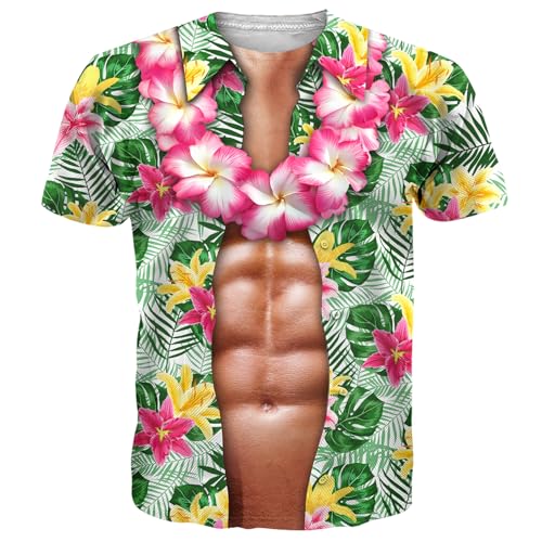 Mens Hawaiian Shirt with Abs Fake Muscle Shirts for Men 6 Pack 3D Unisex Abs Tshirt Costume Funny Graphic Tee Top Rave Hip Hop Carnival Shirt
