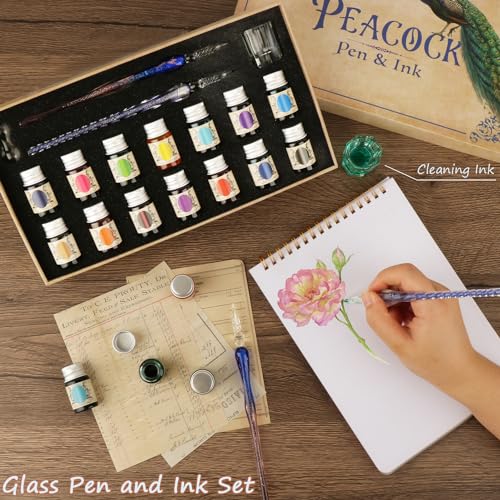 YICMY Calligraphy Pens, Dip Pen Set with 14 Color Inks, Glass Writing Instrument for Beginners