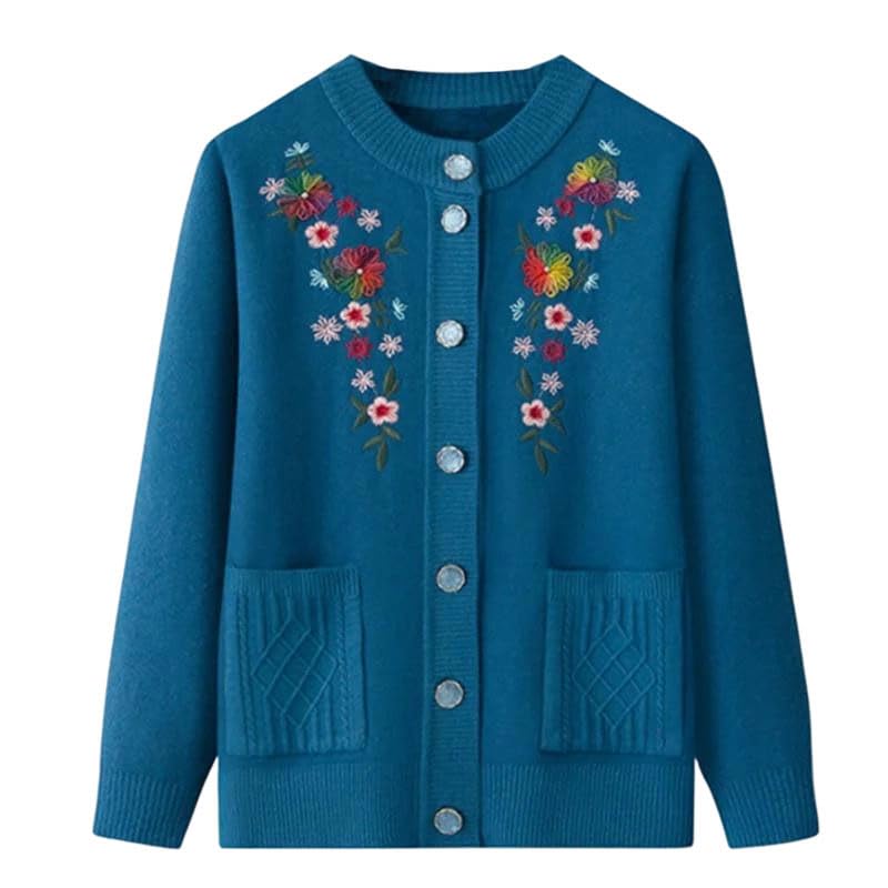 Womens Embroidered Print Mothers Slim Fit Casual Long Sleeve Turn-Down Collar Button Down Fleece Cardigan Sweater
