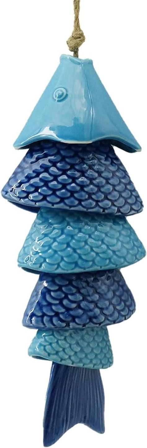 Koi Fish Wind Chime for Outside, 12 Inch Ceramic Wind Chimes with Gentle Tones for Patio Garden Yard, Porch, Beach Decor, Thoughtfully Weighted Design Prevents Constant Ringing.