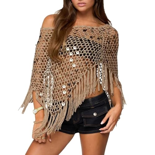 Fringe Sequin Crochet Poncho, Sequin Ponchos Tops for Women, Sheer Mesh Poncho Shrug Bolero Sweater Shawl