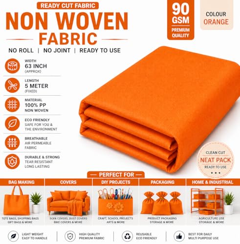 Image of Non-Woven Fabric 90 GSM | 63 Inch (160 cm) Width | 5 Meter Length | Multipurpose Fabric for Bag Making, Lining, Craft & Home Utility | Durable, Easy to Clean & Reusable | Orange