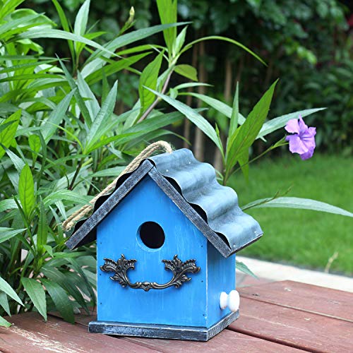 Tenforie Bird House for Outside, Resting Place for Birds, Hanging Natural Wooden Bird Nest, Bluebird House Handcrafted Hut (Blue)