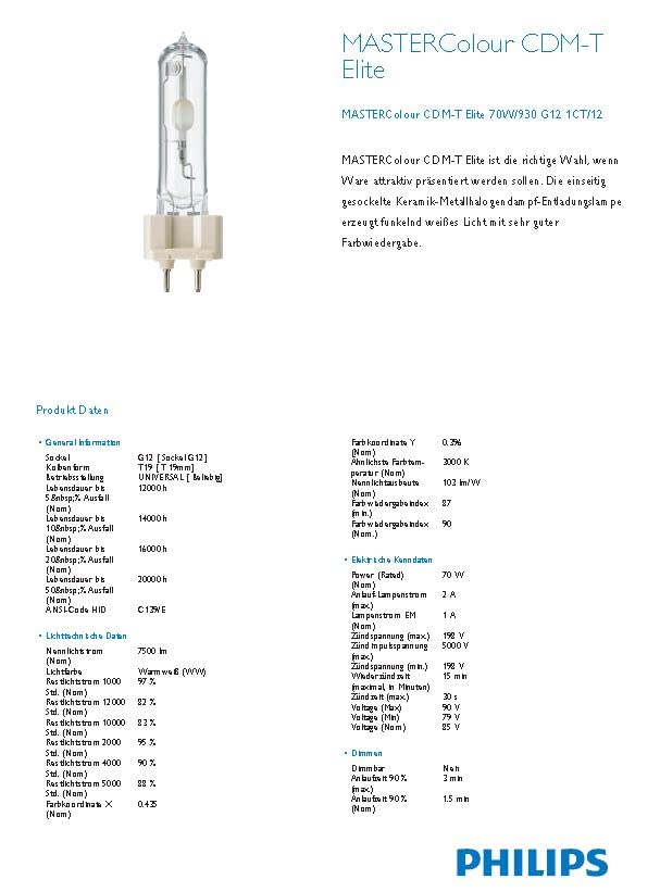 12x Philips CDM-T 70W/930 WDL Elite G12 Halogen Metalldampflampe 70 Watt Warmweiß UV-Block Entladungslampe NEU