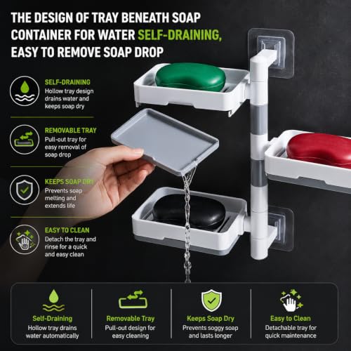 Image of Zollyss 3 Layer Self Adhesive Soap Holder for Bathroom | 180 Rotatable Wall Mounted Soap Stand | No Drill Stickable Soap Dish with Removable Drain Tray | Bathroom & Kitchen | Off White