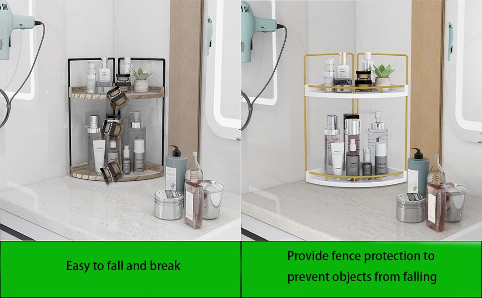 Image of Dorhors 2-Tier Bathroom Counter Organizer,Vanity Counter Corner Shelf, Skincare, Wood Countertop Bathroom Storage and Organization for Kitchen (Gold)