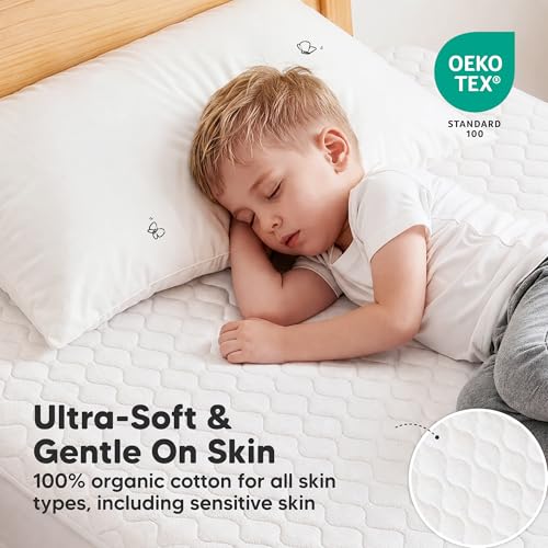 Image of 1-Pack Waterproof Twin Mattress Protector - Quiet Twin Size Toddler Mattress Protector Cover, 75 inchx39 inch, Kids Toddler Bed Sheets, Soft Absorbent Quilted Cotton, Machine Washable (Soft White, Twin)