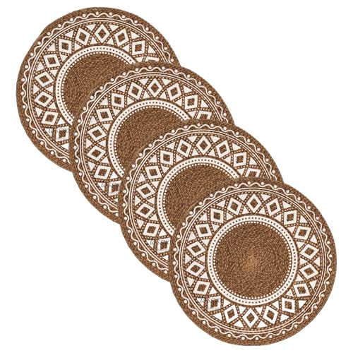 Image of Classyo Cotton Dining Table Placemats, 15 inch | Washable Round Dining Table Mat | Coasters for Dining Table for Hot Pots, Plates and Pans | Placemats for Dining Table Set of 4, (Brown Design)