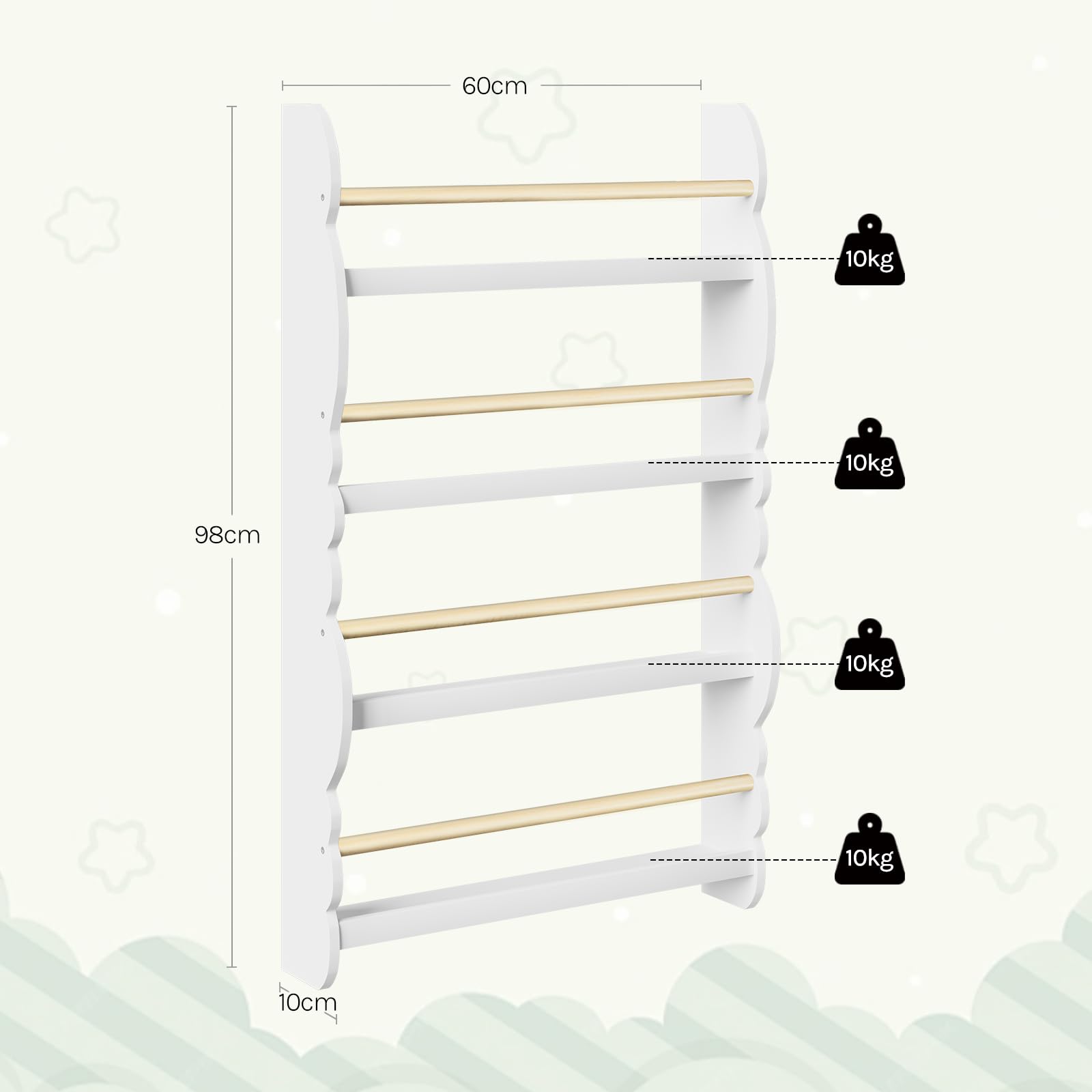 WOLTU Bibliothèque Murale, Étagère de Rangement pour Chambre d'enfants pour Ranger des Livres, 60x14,5x98 cm,Jouets en Bois MDF à 4 Niveaux, Blanc
