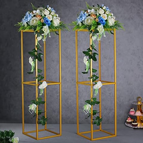 YALLOVE 2 Pcs 31.5 Inch Metal Flower Stand, Gold Centerpieces Vases Stand With Clear Acrylic Sheets, Geometric Display Rack for Wedding Party Decorations Cover