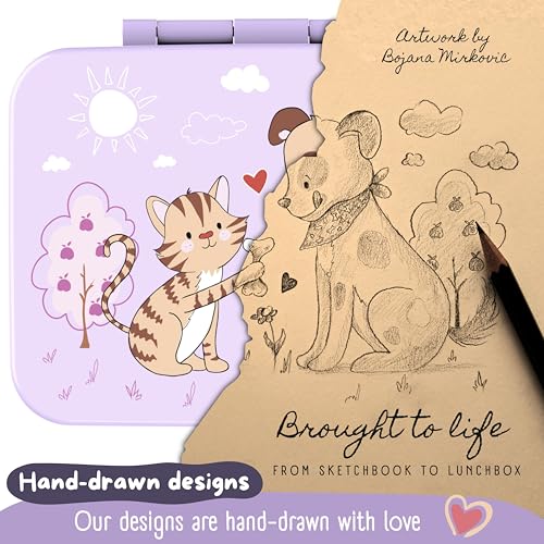 Image of BEARFOOT Kids Lunch Box with Compartments - Compact & Lightweight | Leak-Proof, BPA-Free, Dishwasher Safe | Hand-Drawn Design for Preschool, School, Travel (Dog & Cat Purple, 4 Cups)