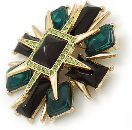 Victorian Style Black/Dark Green Resin Stone Layered Cross Brooch In Gold Tone Metal - 75mm Across, black, dark green - Image 4